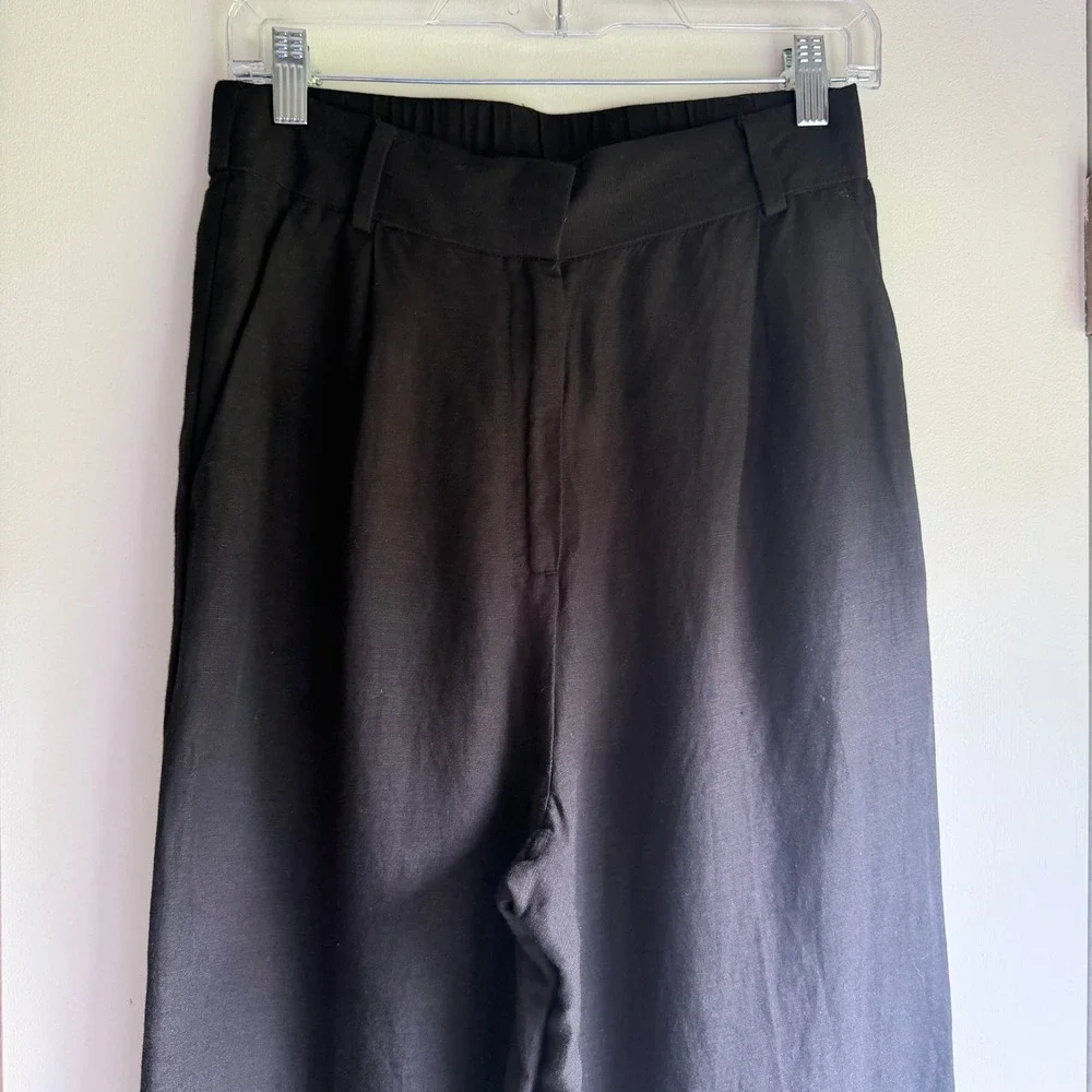 H&M Black Wide Leg Linen Blend Trousers High Waist Elastic Back Pants Size 6 NWT